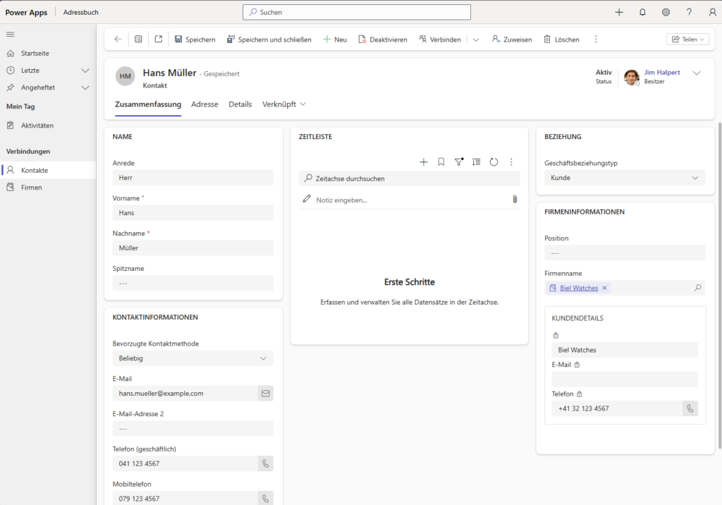 Power App als zentrales Adressbuch für Outlook, das Erfassungsformular für Kontakte