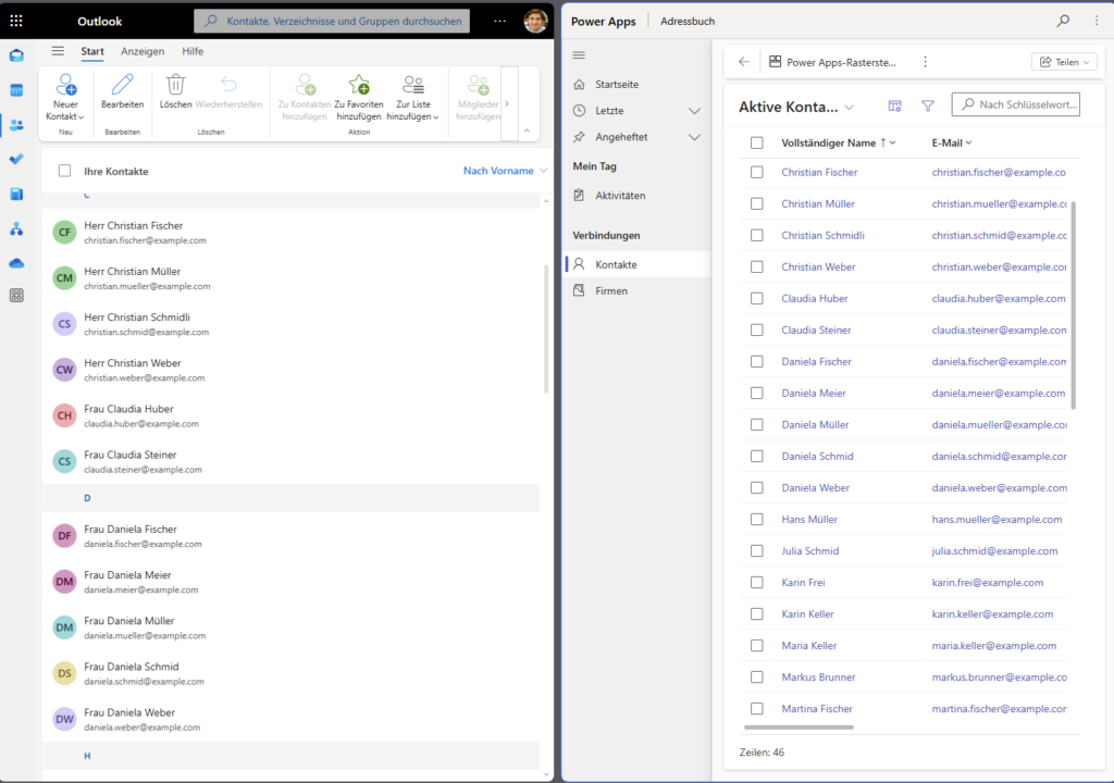 Synchronisierung Power Apps Kontakte mit Outlook